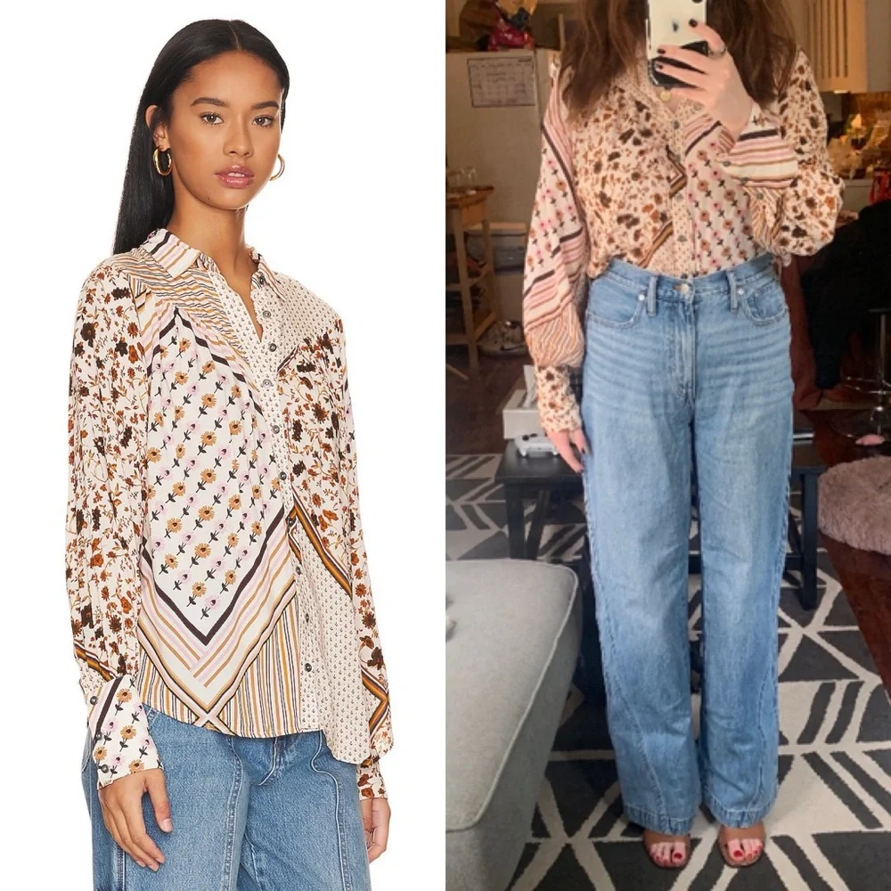 Free People Button Down Shirt M Long Sleeve Hazel Printed Blouse Top